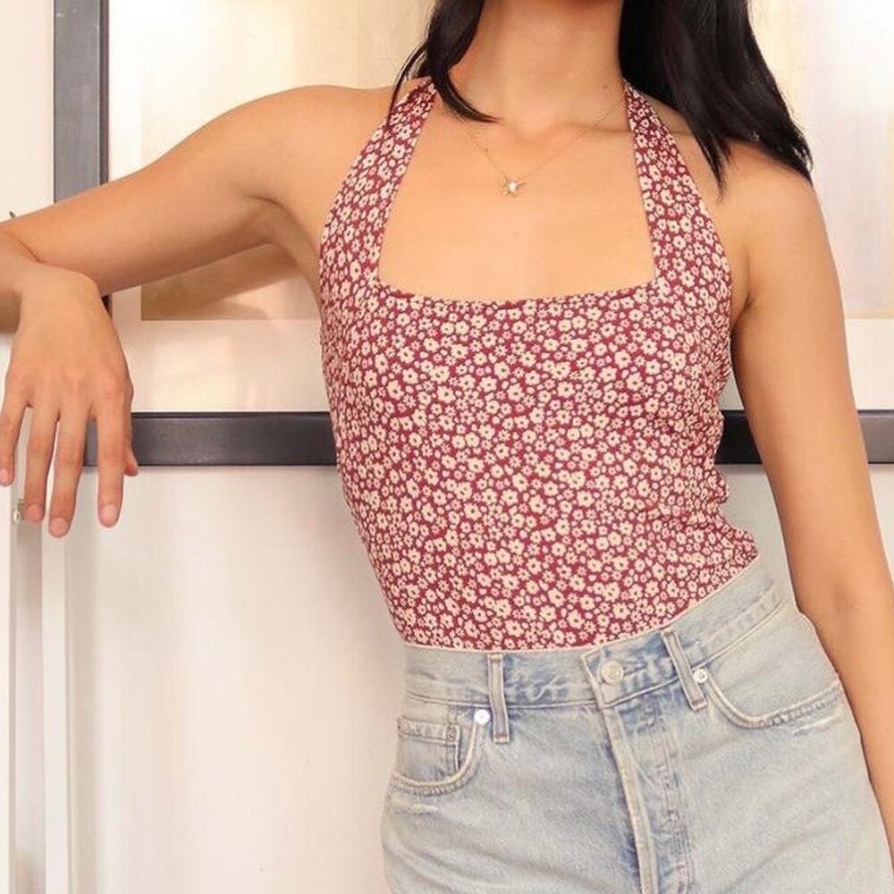 Free People Talk Back Square Neck Bodysuit Floral Halter Top size M red